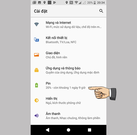 Vào cài đặt Pin